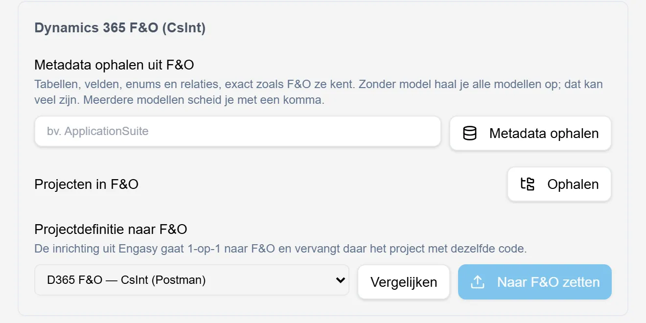 Op de verbinding: metadata ophalen uit F&O, projecten opvragen en de projectdefinitie vergelijken of naar F&O zetten.