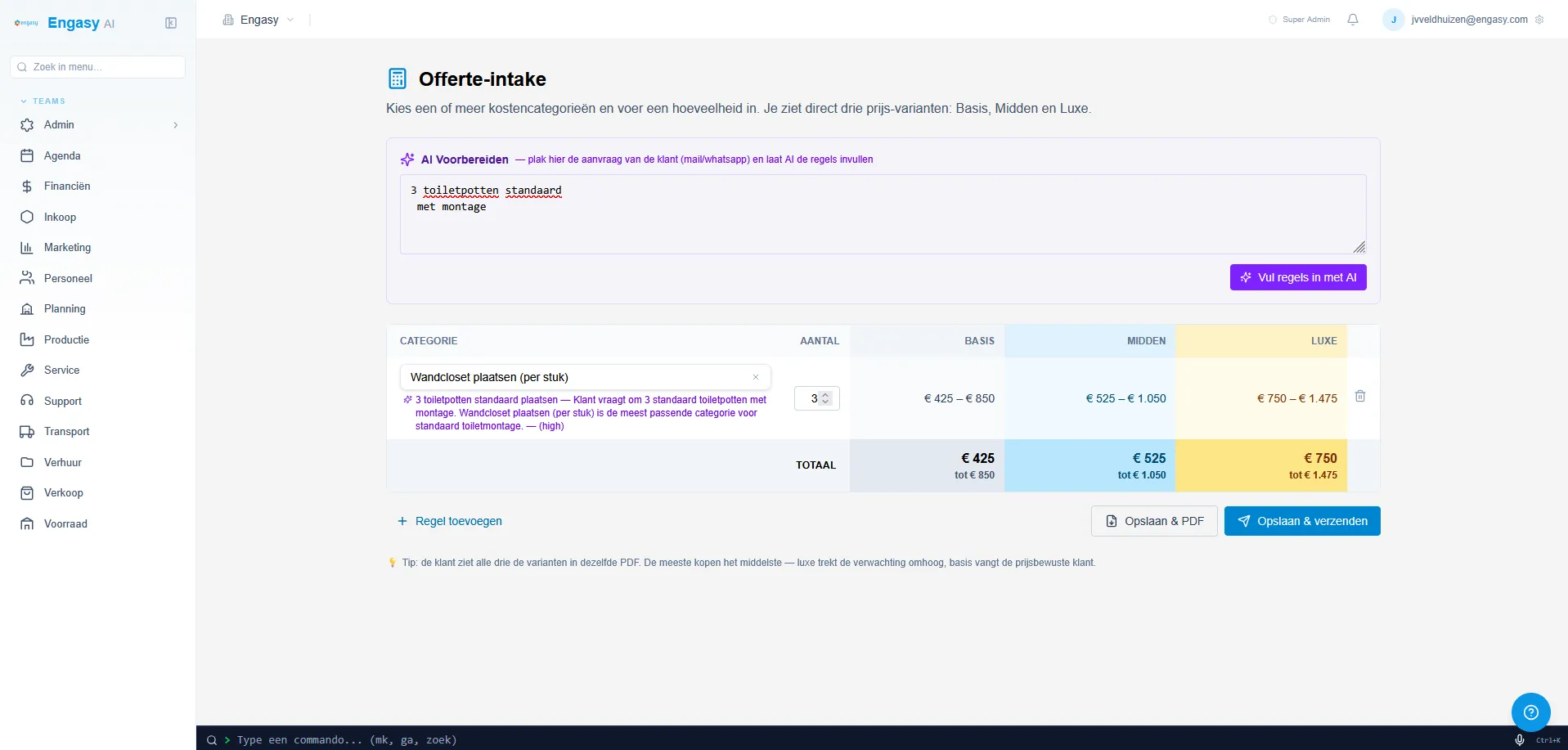 Screenshot van de Offerte-intake in Engasy: klantvraag wordt geplakt, AI stelt categorieën voor, en drie prijsvarianten (Basis, Midden, Luxe) verschijnen direct.